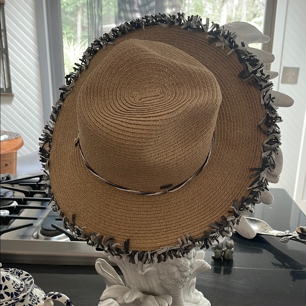 Stylish Tan Straw Hat with Black Fringe